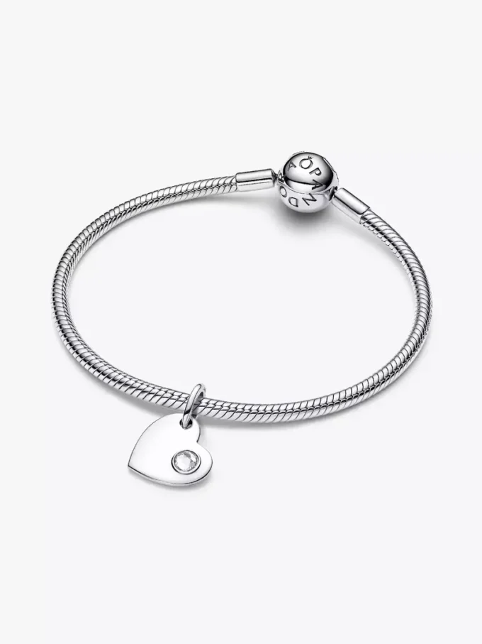 April gravierbarer Herz-Dangle Charm mit klarem Stein aus Sterlingsilber