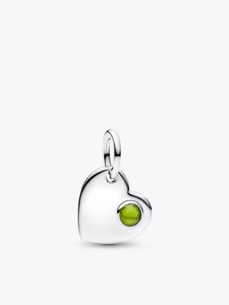 August gravierbarer Herz-Dangle Charm mit frühlingsgrünem Stein, Sterlingsilber
