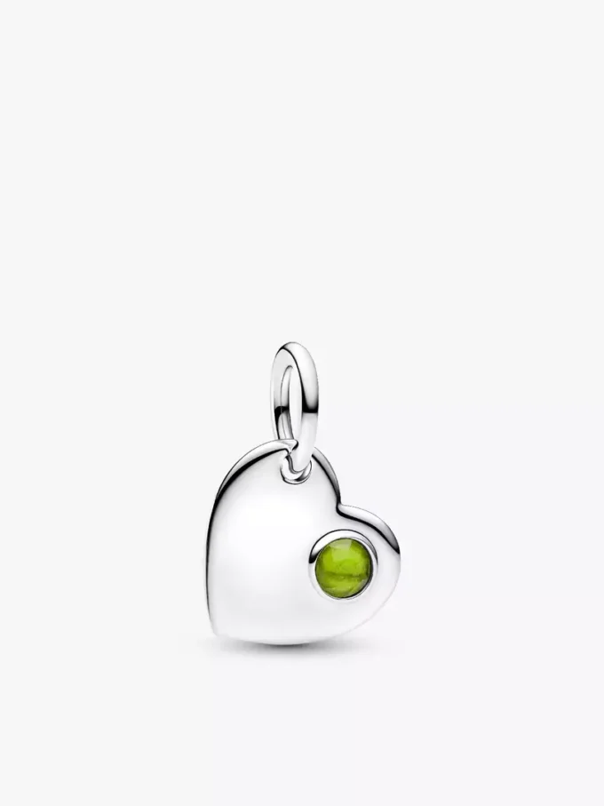 August gravierbarer Herz-Dangle Charm mit frühlingsgrünem Stein, Sterlingsilber