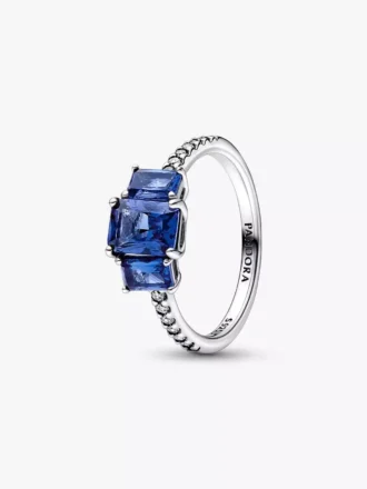 Blauer, rechteckiger, funkelnder Ring mit drei Steinen aus Sterlingsilber