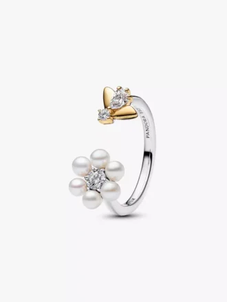 Bridgerton-Biene & behandelte Süßwasser-Zuchtperle in Blumenform, offener Ring aus Sterlingsilber, 14 Karat vergoldet