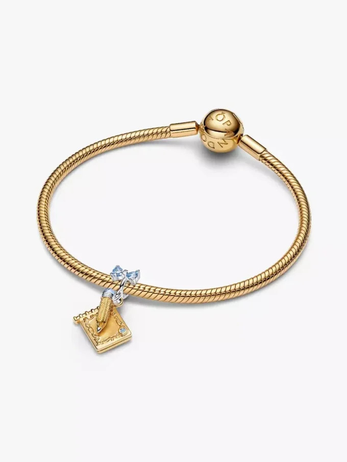 Bridgerton-Tanzkarte & Bleistift-Dangle Charm aus Sterlingsilber, 14 Karat vergoldet