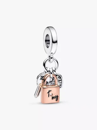 Zweifarbiger Dangle Charm mit Schlüssel, Vorhängeschloss und Herz aus Sterlingsilber, 14 Karat Roségold-Beschichtung