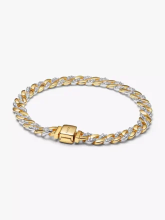Zweifarbiges Pavé-Armband mit kubanischer Kette aus Sterlingsilber, 14-karätig vergoldet Zweifarbiges Pavé-Armband mit kubanischer Kette aus Sterlingsilber, 14-karätig vergoldet