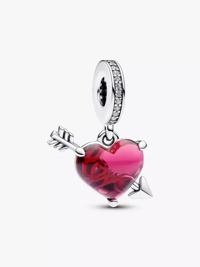 Dangle Charm aus Murano Glass mit rotem Herz und Pfeil, Sterlingsilber Dangle Charm aus Murano Glass mit rotem Herz und Pfeil, Sterlingsilber
