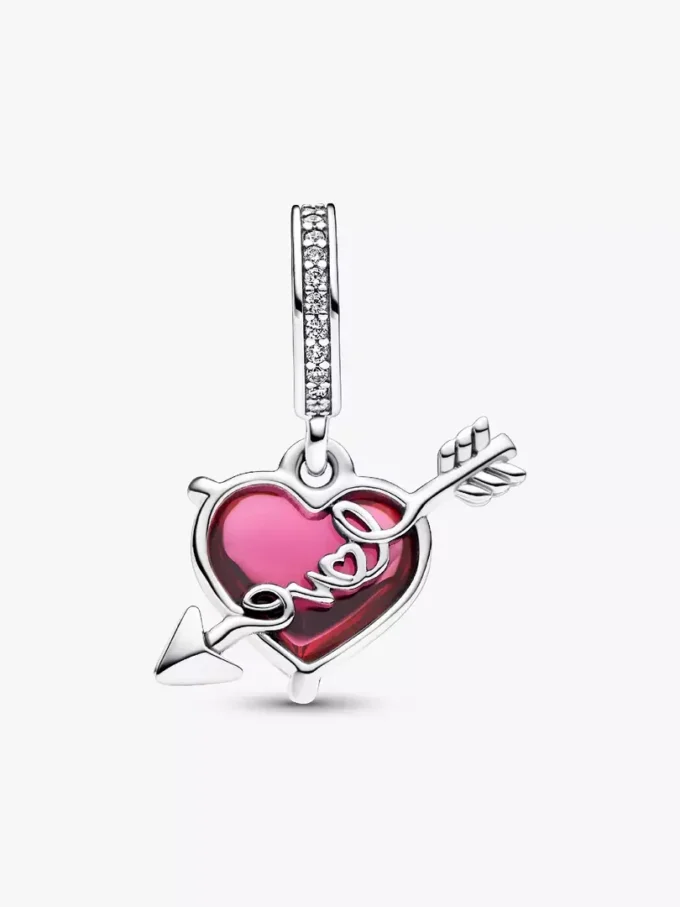 Dangle Charm aus Murano Glass mit rotem Herz und Pfeil, Sterlingsilber Dangle Charm aus Murano Glass mit rotem Herz und Pfeil, Sterlingsilber