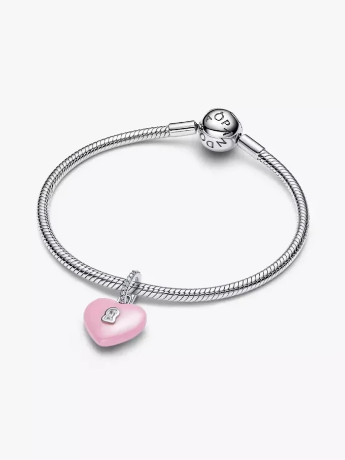 Dangle Charm aus Sterlingsilber mit rosa Keramik-Herz und Vorhängeschloss Dangle Charm aus Sterlingsilber mit rosa Keramik-Herz und Vorhängeschloss