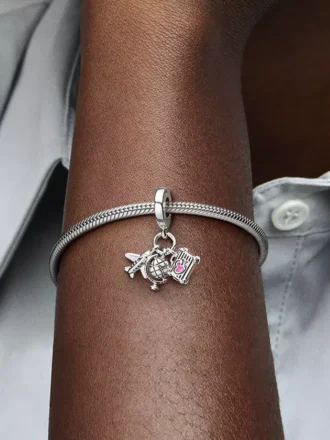 Dangle Charm „Flugzeug, Globus & Koffer“ aus Sterlingsilber