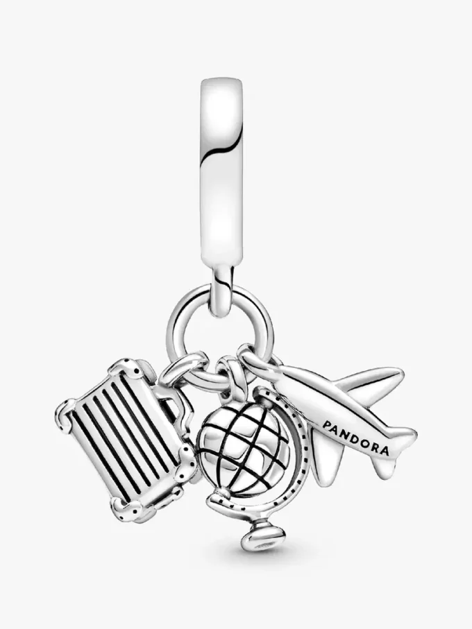 Dangle Charm „Flugzeug, Globus & Koffer“ aus Sterlingsilber Dangle Charm „Flugzeug, Globus & Koffer“ aus Sterlingsilber