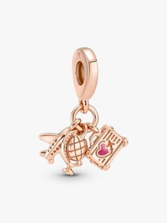 Dangle Charm mit Flugzeug, Globus und Koffer – 14 Karat Roségold-Beschichtung