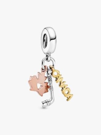 Dangle Charm mit Kanada, Ahornblatt und Hockeyschläger – Sterlingsilber, 14-karätige Vergoldung, 14-karätige Roségoldvergoldung