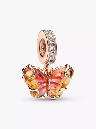 Dangle Charm mit Schmetterling aus rosa und gelbem Murano Glass, 14 Karat Roségold-Beschichtung Dangle Charm mit Schmetterling aus rosa und gelbem Murano Glass, 14 Karat Roségold-Beschichtung