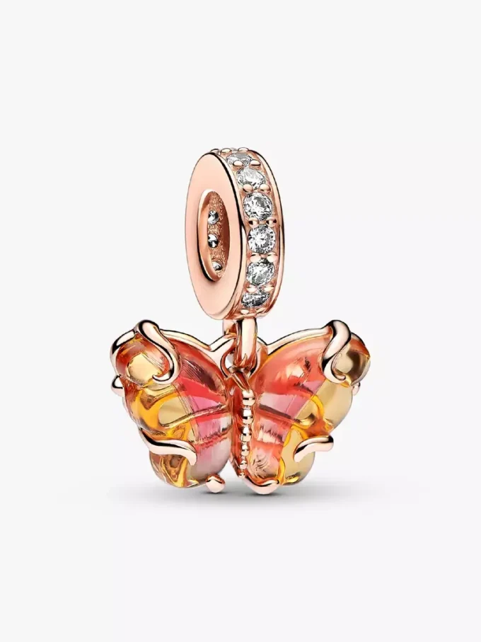 Dangle Charm mit Schmetterling aus rosa und gelbem Murano Glass, 14 Karat Roségold-Beschichtung Dangle Charm mit Schmetterling aus rosa und gelbem Murano Glass, 14 Karat Roségold-Beschichtung