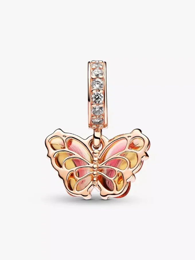 Dangle Charm mit Schmetterling aus rosa und gelbem Murano Glass, 14 Karat Roségold-Beschichtung Dangle Charm mit Schmetterling aus rosa und gelbem Murano Glass, 14 Karat Roségold-Beschichtung