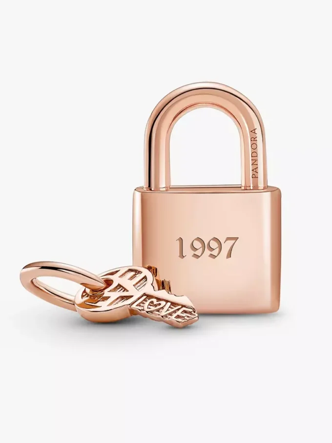 Dangle Charm mit Vorhängeschloss und Schlüssel, 14 Karat Roségold-Beschichtung Dangle Charm mit Vorhängeschloss und Schlüssel, 14 Karat Roségold-Beschichtung