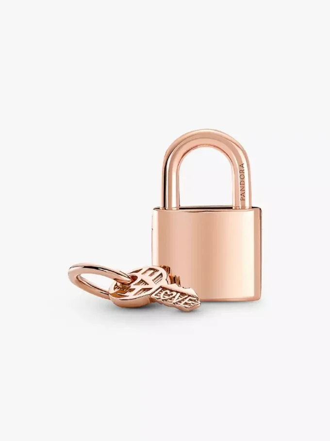 Dangle Charm mit Vorhängeschloss und Schlüssel, 14 Karat Roségold-Beschichtung Dangle Charm mit Vorhängeschloss und Schlüssel, 14 Karat Roségold-Beschichtung
