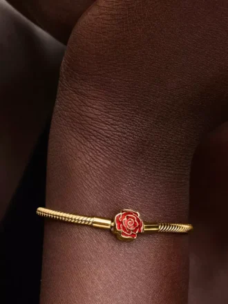 Disney „Die Schöne und das Biest“ – Armband mit Snake Chain und verzauberter Rose, 14-karätig vergoldet