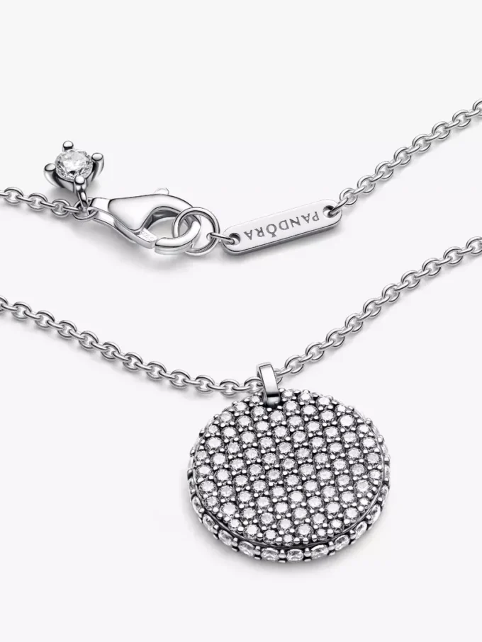 Endgültiger Verkauf – Pandora Timeless Pavé Round Pendant Halskette aus Sterlingsilber Endgültiger Verkauf – Pandora Timeless Pavé Round Pendant Halskette aus Sterlingsilber