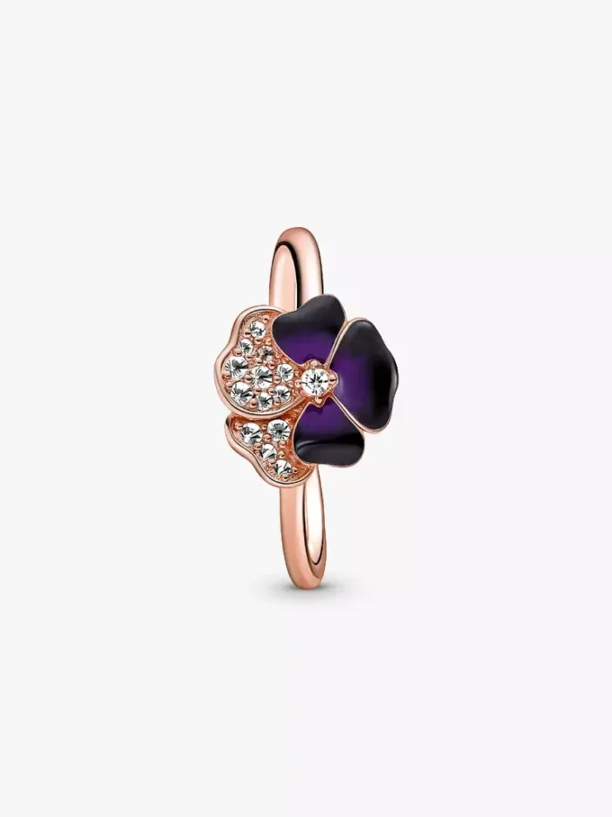 Endgültiger Verkauf – Ring mit tiefvioletter Stiefmütterchenblüte, 14 Karat Roségold-Beschichtung Endgültiger Verkauf – Ring mit tiefvioletter Stiefmütterchenblüte, 14 Karat Roségold-Beschichtung