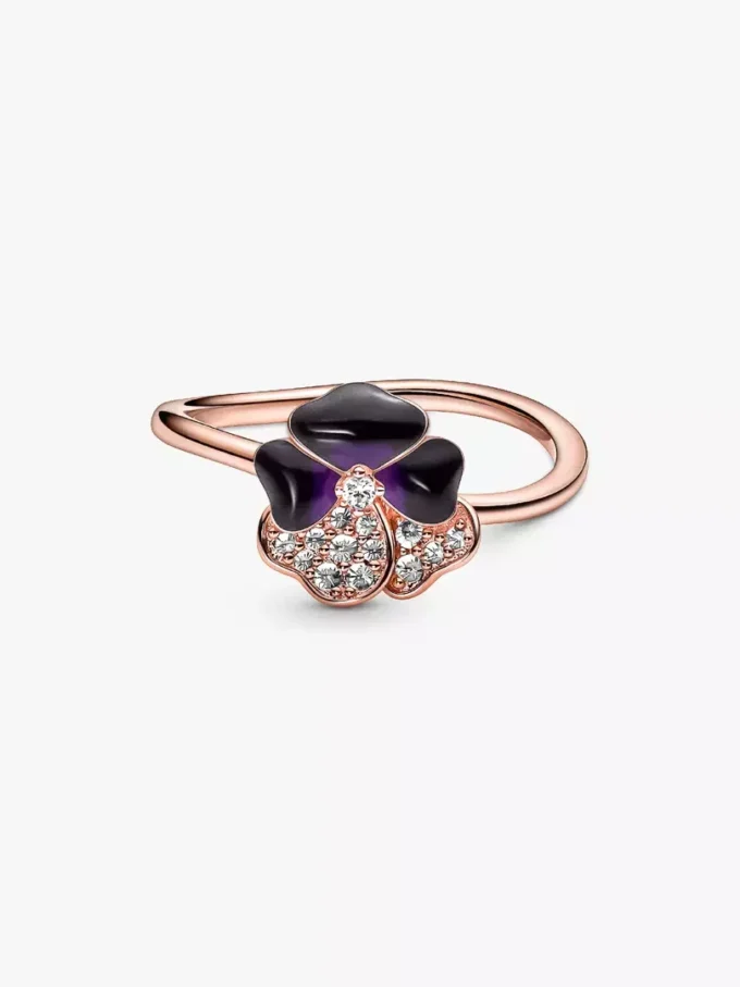 Endgültiger Verkauf – Ring mit tiefvioletter Stiefmütterchenblüte, 14 Karat Roségold-Beschichtung Endgültiger Verkauf – Ring mit tiefvioletter Stiefmütterchenblüte, 14 Karat Roségold-Beschichtung