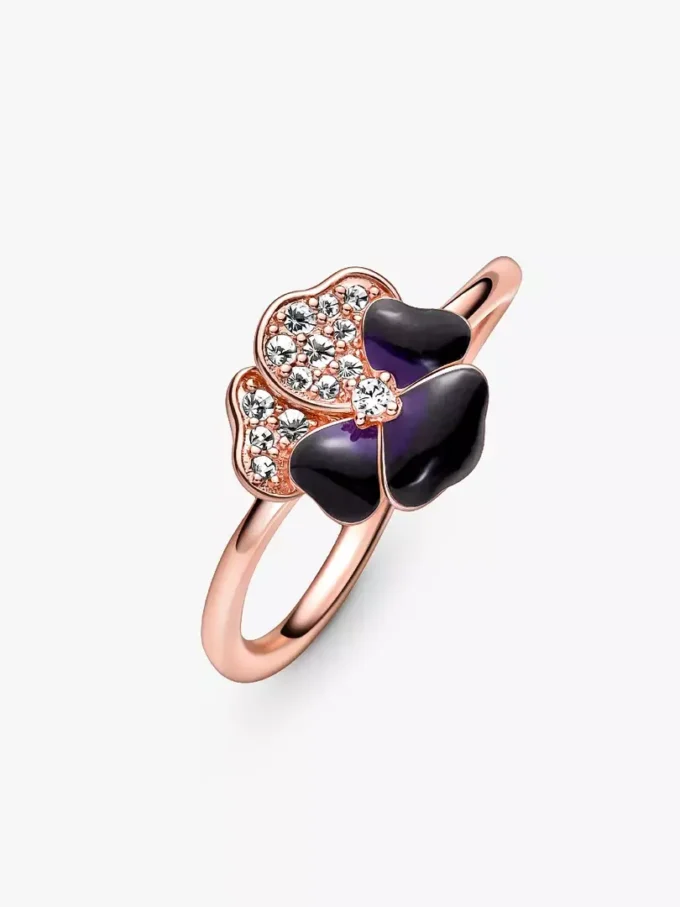 Endgültiger Verkauf – Ring mit tiefvioletter Stiefmütterchenblüte, 14 Karat Roségold-Beschichtung Endgültiger Verkauf – Ring mit tiefvioletter Stiefmütterchenblüte, 14 Karat Roségold-Beschichtung