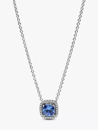 Funkelnde Halskette mit quadratischem blauem Halo-Anhänger aus Sterlingsilber