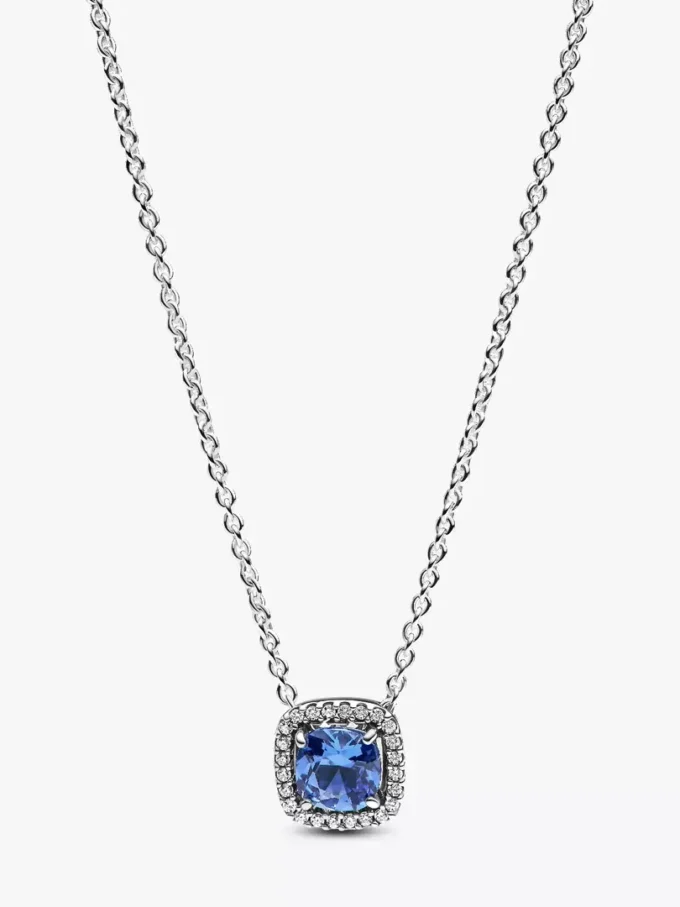 Funkelnde Halskette mit quadratischem blauem Halo-Anhänger aus Sterlingsilber