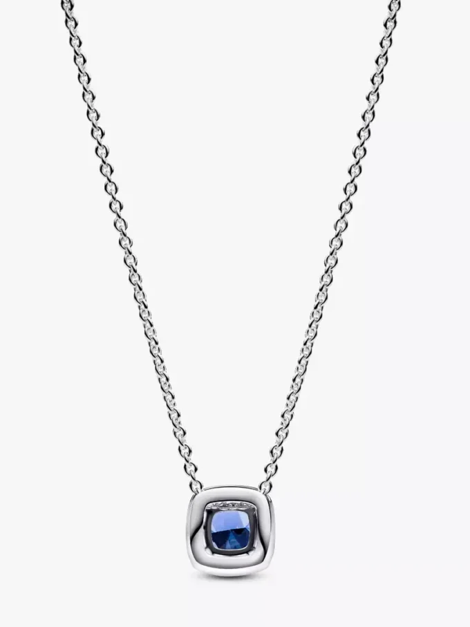 Funkelnde Halskette mit quadratischem blauem Halo-Anhänger aus Sterlingsilber