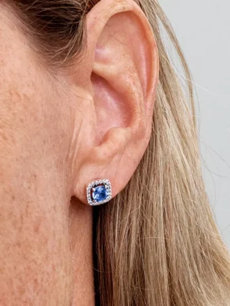Funkelnde quadratische blaue Halo-Ohrringe aus Sterlingsilber
