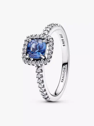 Funkelnder quadratischer blauer Halo-Ring aus Sterlingsilber