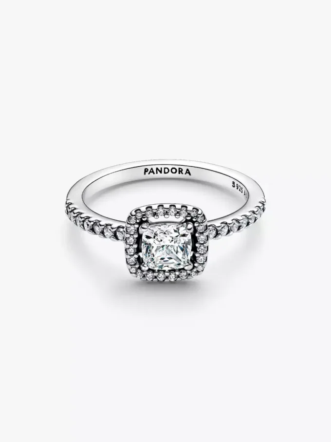 Funkelnder quadratischer Halo-Ring aus Sterlingsilber Funkelnder quadratischer Halo-Ring aus Sterlingsilber