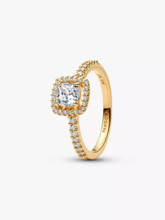 Funkelnder quadratischer Ring mit klarem Halo, 14-karätig vergoldet