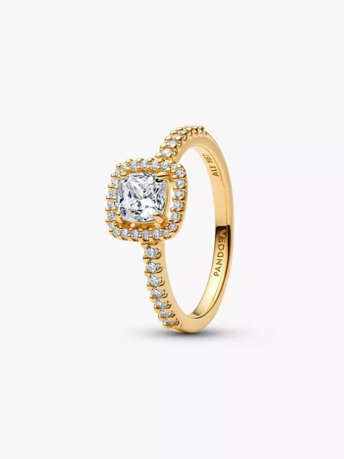 Funkelnder quadratischer Ring mit klarem Halo, 14-karätig vergoldet Funkelnder quadratischer Ring mit klarem Halo, 14-karätig vergoldet