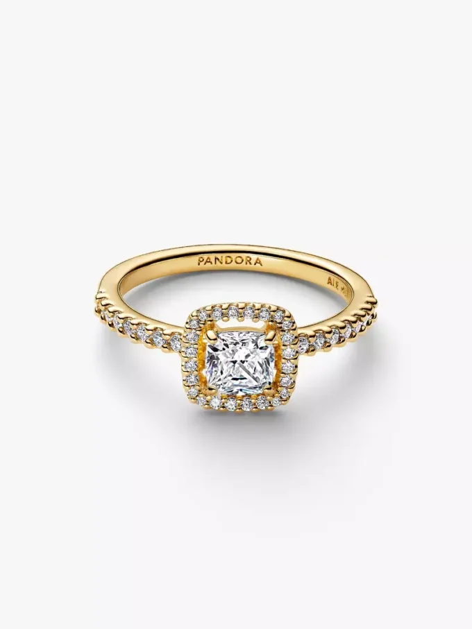 Funkelnder quadratischer Ring mit klarem Halo, 14-karätig vergoldet Funkelnder quadratischer Ring mit klarem Halo, 14-karätig vergoldet