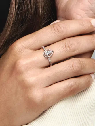 Funkelnder Ring mit Birnenform und Halo-Fassung, 14-karätige Roségoldbeschichtung