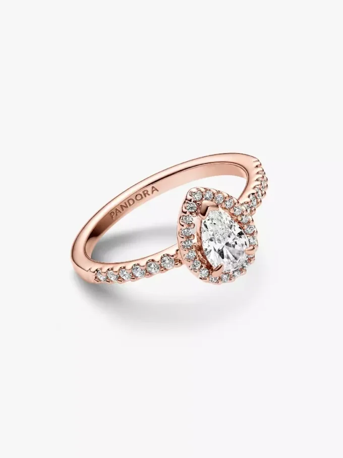 Funkelnder Ring mit Birnenform und Halo-Fassung, 14-karätige Roségoldbeschichtung Funkelnder Ring mit Birnenform und Halo-Fassung, 14-karätige Roségoldbeschichtung