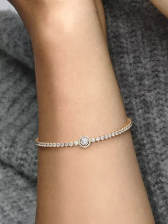 Funkelndes Halo-Tennisarmband, 14-karätig vergoldet