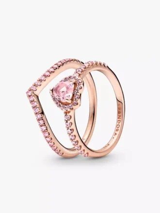 Funkelndes rosa Herz-Wishbone-Ring-Set, 2er-Set