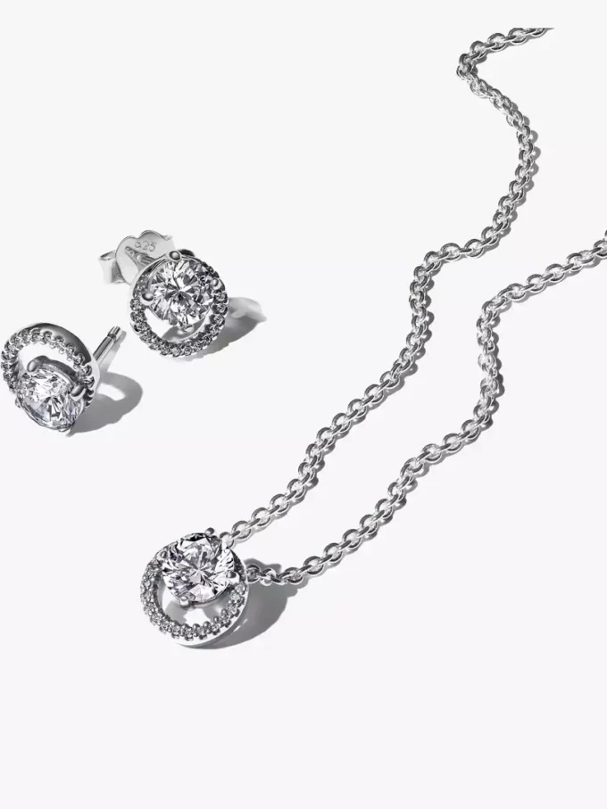 Funkelndes Set aus Halskette und Ohrringen mit rundem Halo, 2er-Set Funkelndes Set aus Halskette und Ohrringen mit rundem Halo, 2er-Set