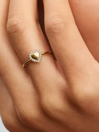Gravierbarer Herz-Halo-Ring, 14-karätig vergoldet