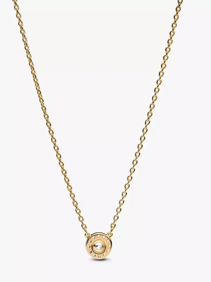 Halskette mit rundem Pavé-Halo-Anhänger, 14-karätig vergoldet Halskette mit rundem Pavé-Halo-Anhänger, 14-karätig vergoldet