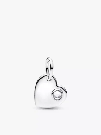 April gravierbarer Herz-Dangle Charm mit klarem Stein aus Sterlingsilber