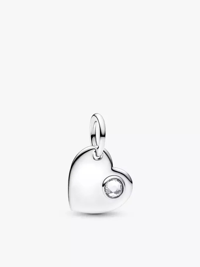 April gravierbarer Herz-Dangle Charm mit klarem Stein aus Sterlingsilber