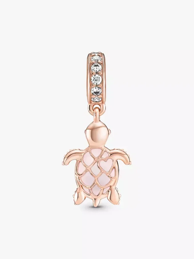 Murano Glass Dangle Charm in Form einer rosa Meeresschildkröte, 14 Karat Roségold-Beschichtung Murano Glass Dangle Charm in Form einer rosa Meeresschildkröte, 14 Karat Roségold-Beschichtung