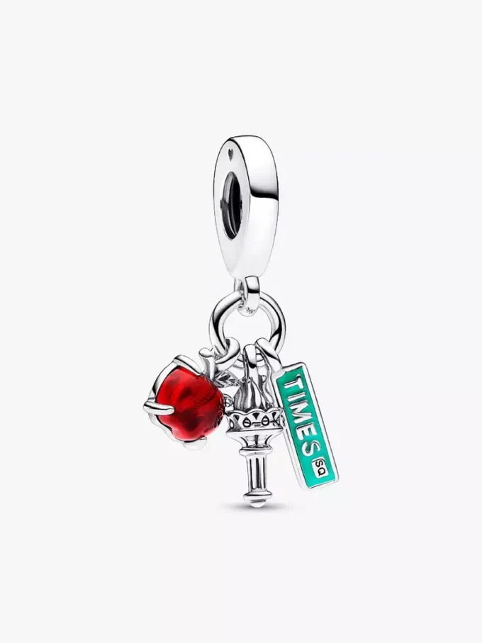NYC-Apfel, Fackel und Straßenschild – dreifacher Dangle Charm aus Sterlingsilber NYC-Apfel, Fackel und Straßenschild – dreifacher Dangle Charm aus Sterlingsilber
