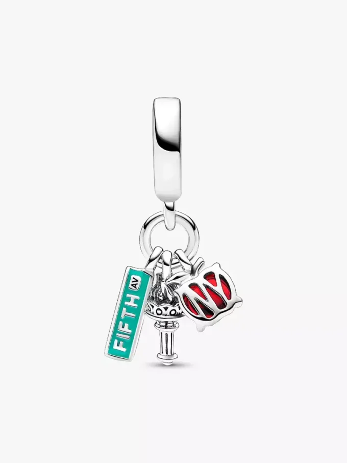 NYC-Apfel, Fackel und Straßenschild – dreifacher Dangle Charm aus Sterlingsilber NYC-Apfel, Fackel und Straßenschild – dreifacher Dangle Charm aus Sterlingsilber