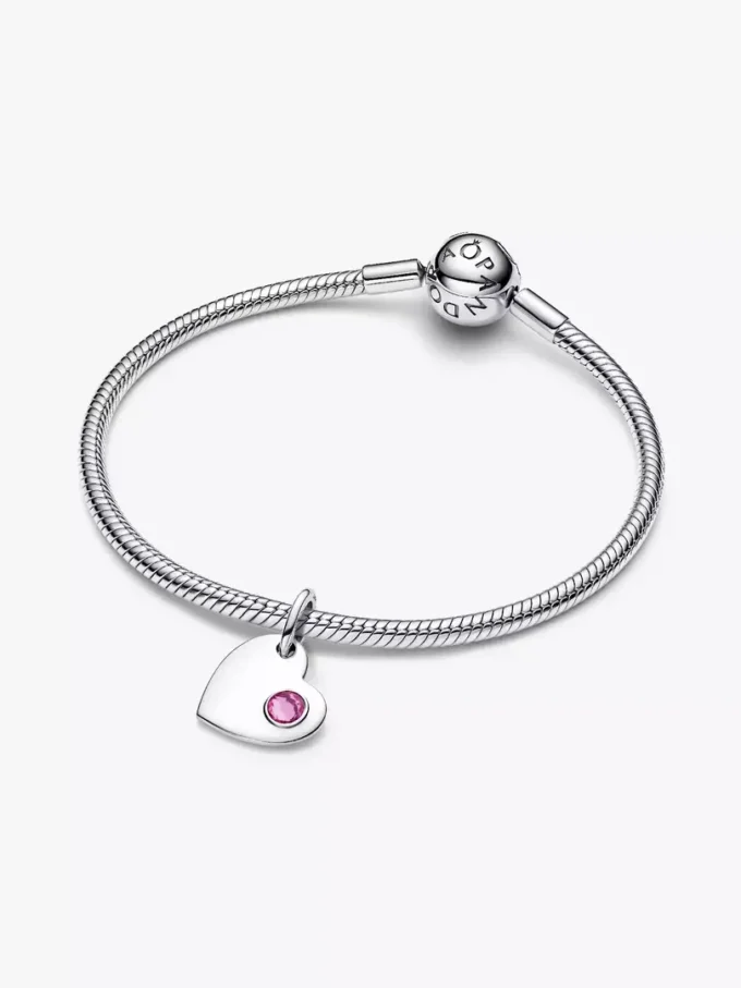 Oktober: Gravierbarer Herz-Dangle Charm mit rosa Stein, Sterlingsilber Oktober: Gravierbarer Herz-Dangle Charm mit rosa Stein, Sterlingsilber