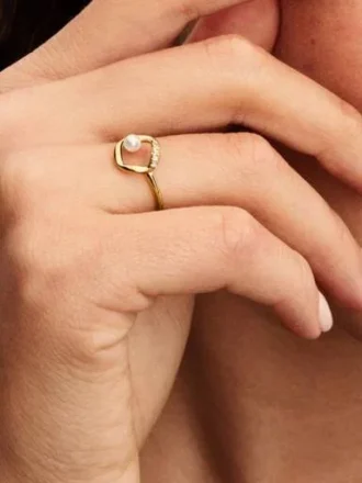 Organisch geformter Pavé-Ring mit Kreis und behandelter Süßwasserzuchtperle – 14 Karat vergoldet