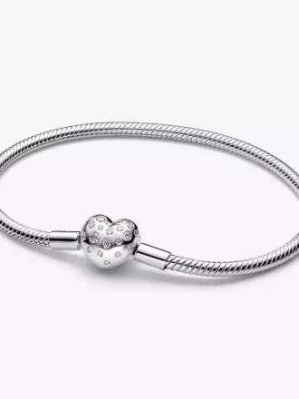 Pandora Armband mit Snake Chain und Herzverschluss aus Sterlingsilber mit synthetischen Diamanten, 0,51 Karat insgesamt, Sterlingsilber