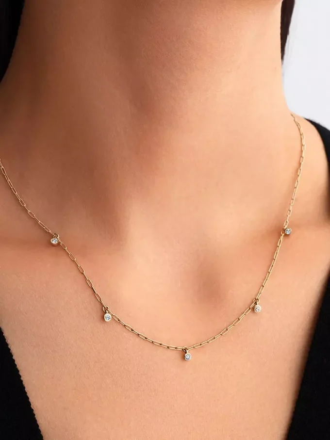 Pandora Era Bezel Lab-Grown Diamond Dangle Station Paperclip Chain Halskette 0,13 ct TW, 14 Karat Gold Pandora Era Bezel Lab-Grown Diamond Dangle Station Paperclip Chain Halskette 0,13 ct TW, 14 Karat Gold